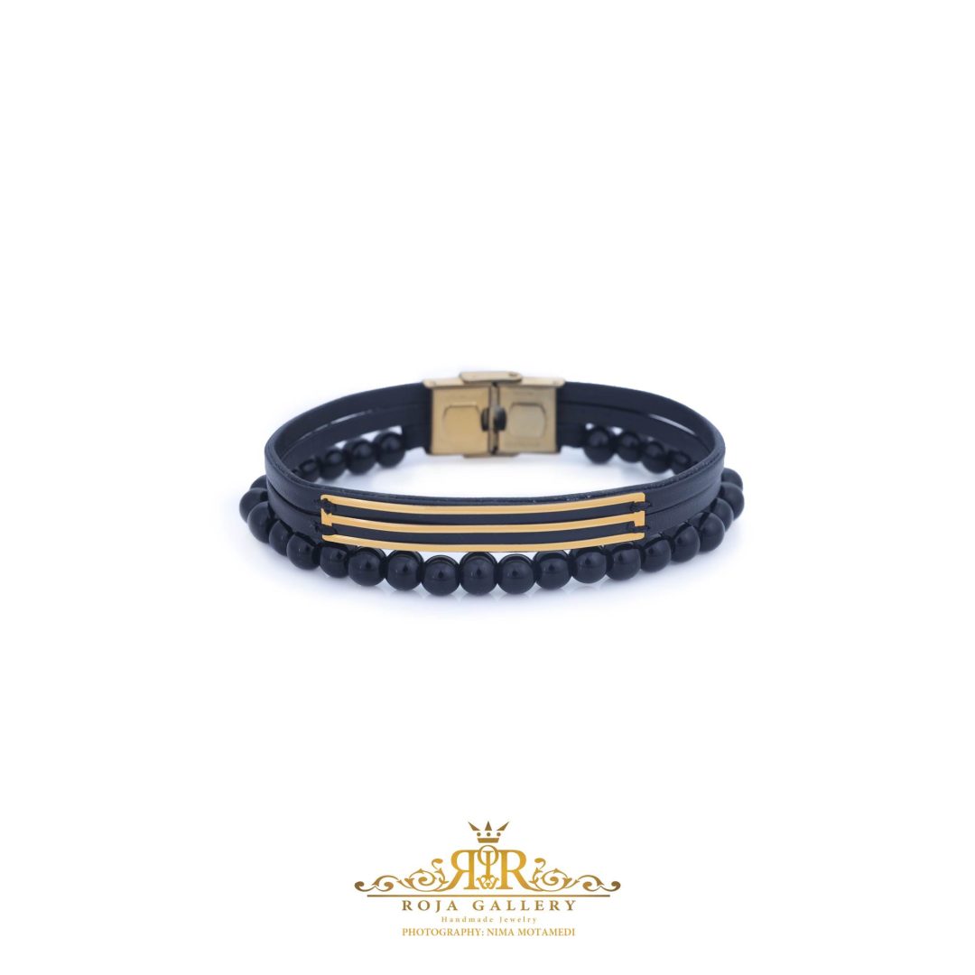 دستبند چرم و سنگ و طلا مردانه - کد VM155