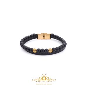 دستبند چرم و سنگ و طلا مردانه - کد VM160
